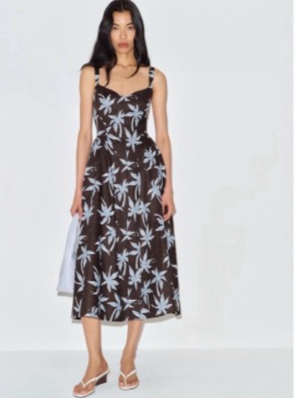 Reformation Birdie Linen Floral Midi Dress Brown with Sky Blue Print size 2